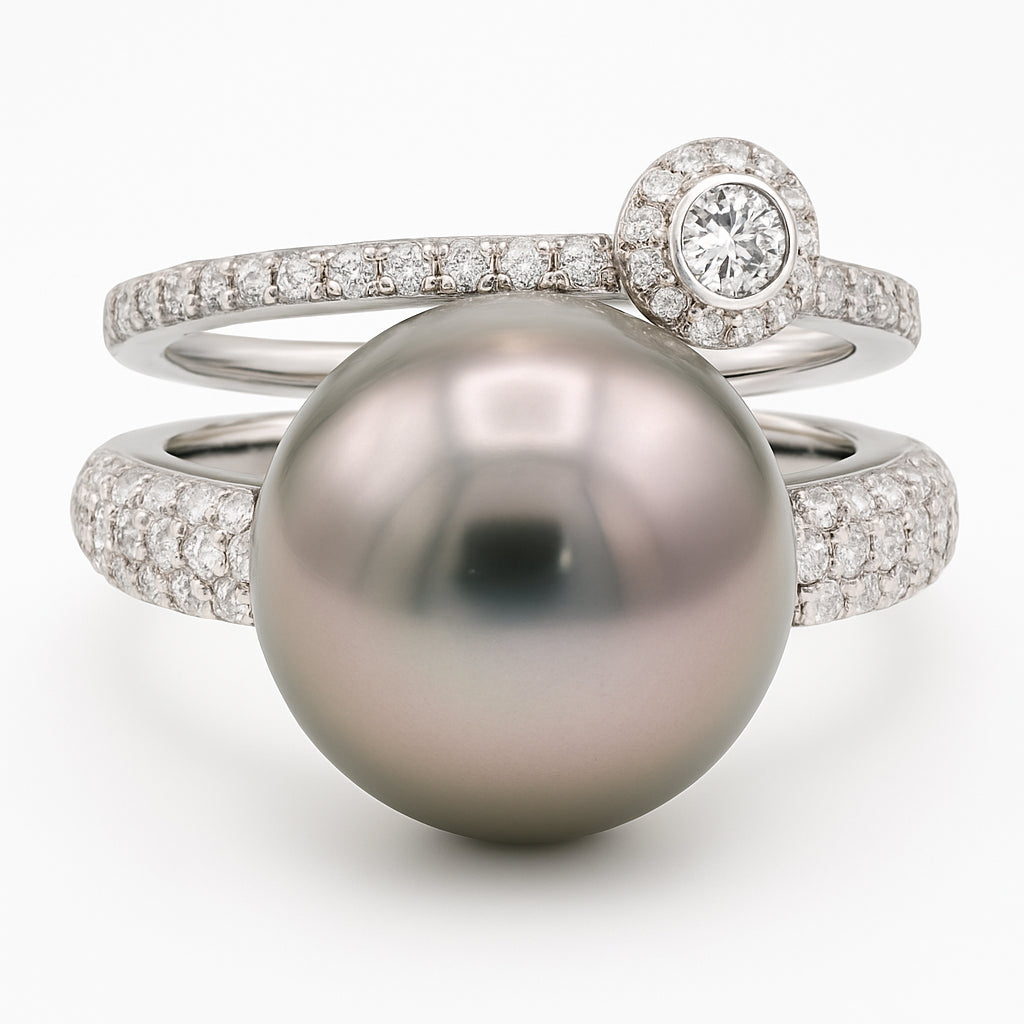18K White Gold Tahitian Pearl Ring, 13-14mm, 1.28ct