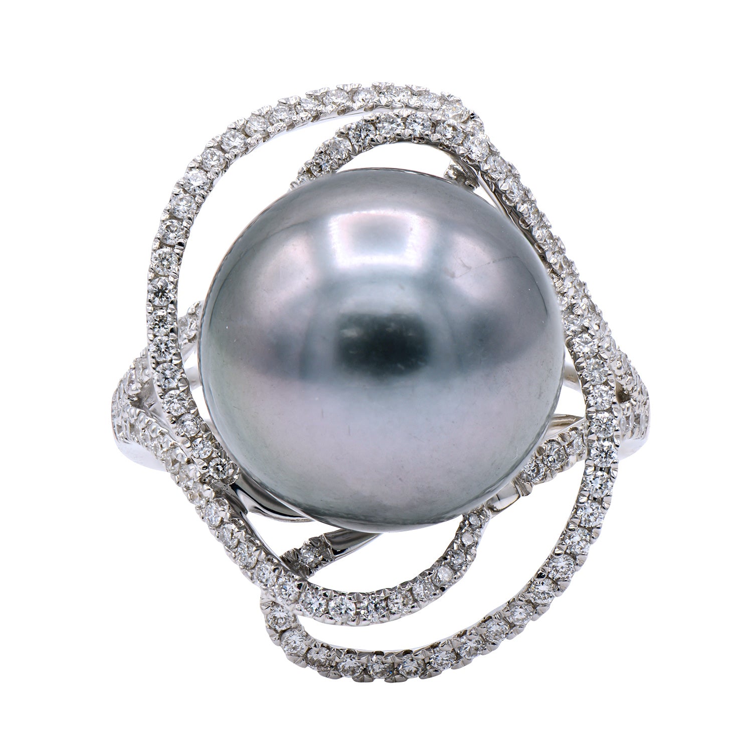 18K White Gold Tahitian Pearl Ring, 13-14mm, 0.47ct