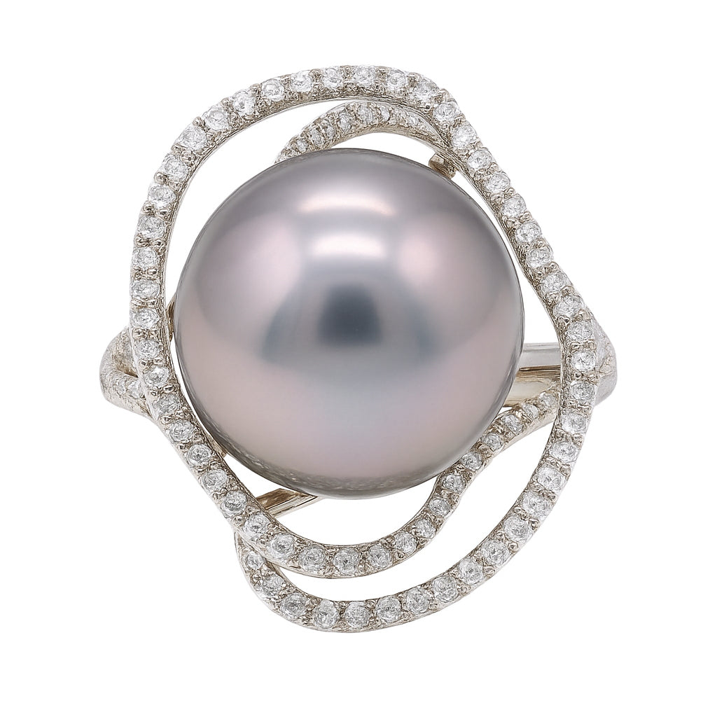 18K White Gold Tahitian Pearl Ring, 13-14mm, 0.47ct