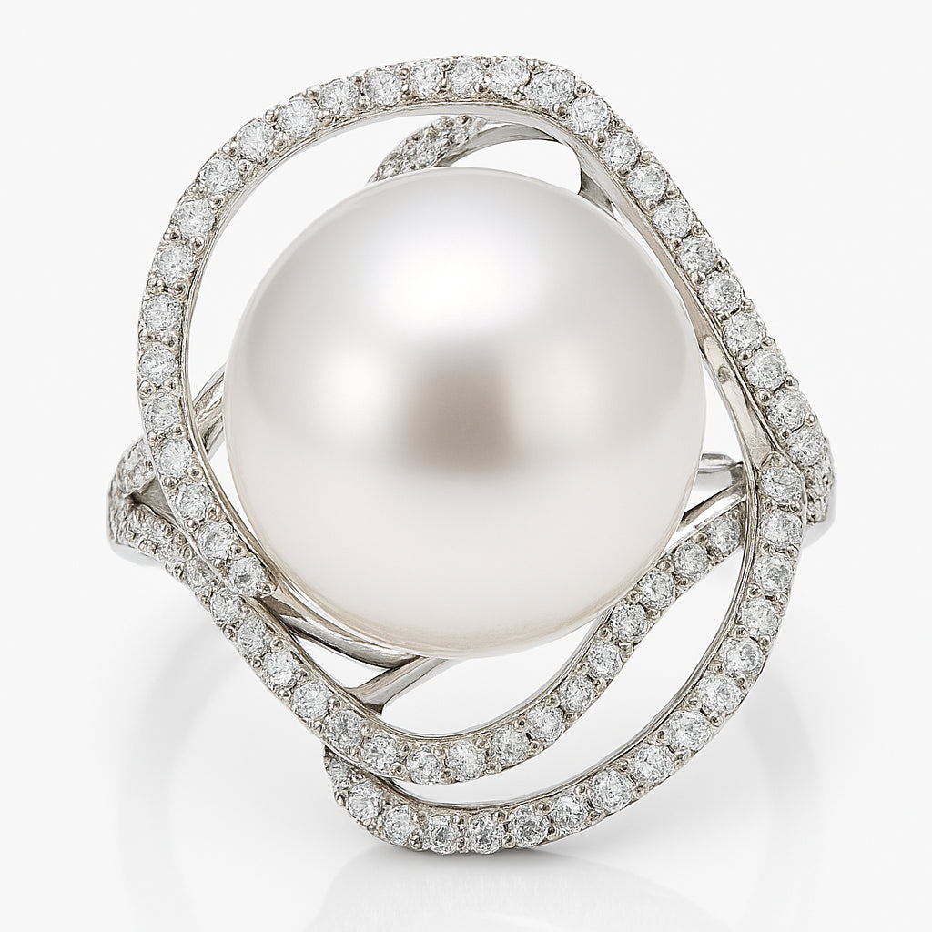 18K White Gold South Sea Pearl Ring, 13-14mm, 0.49ct