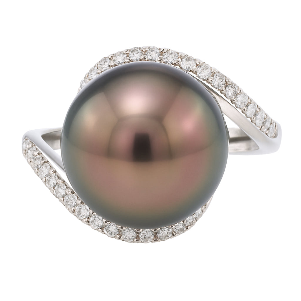 18K White Gold Tahitian Pearl Ring, 13-14mm, 0.32ct