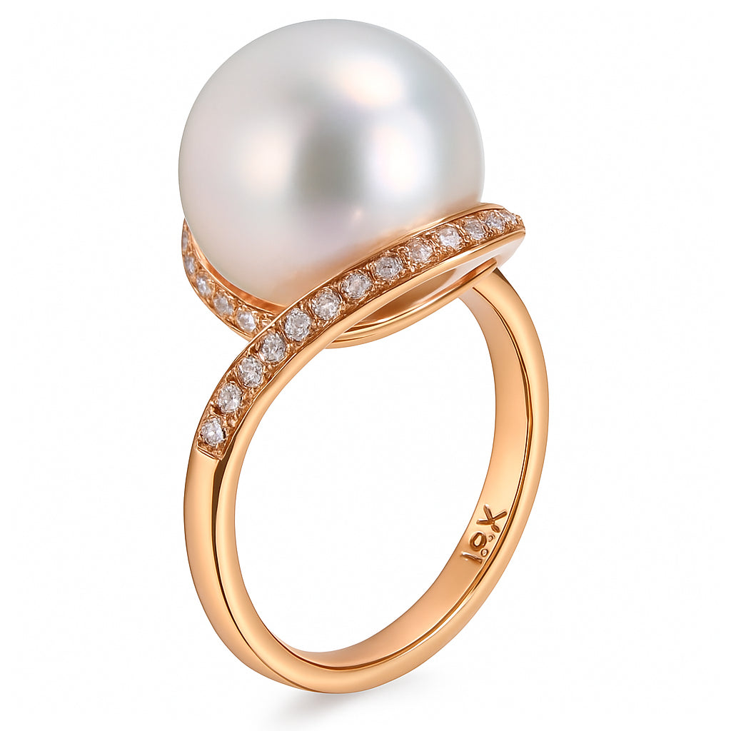 18K Rose Gold South Sea Ring, 13-14mm, 0.32ct