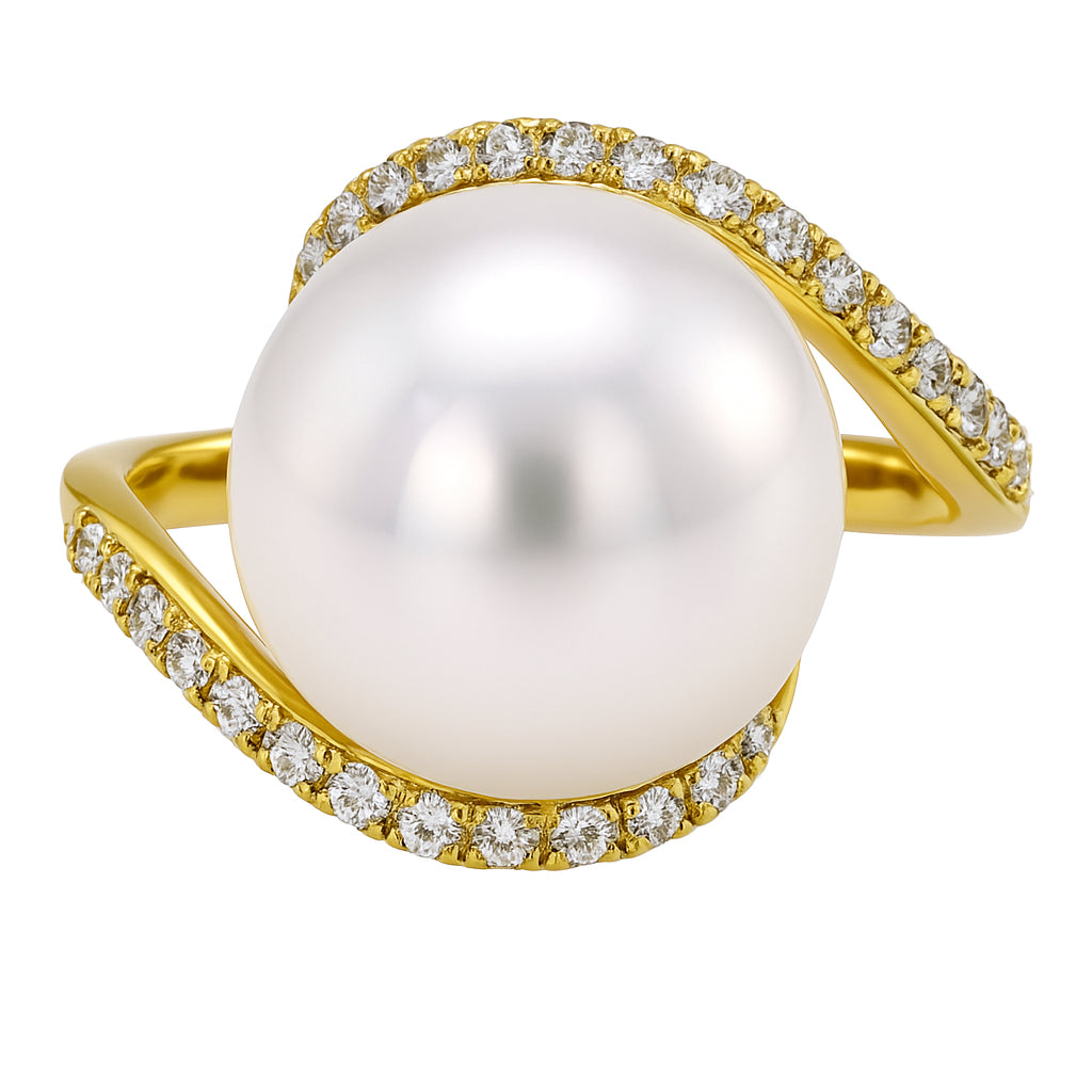 18K Yellow Gold South Sea Pearl Ring, 13-14mm, 0.32ct