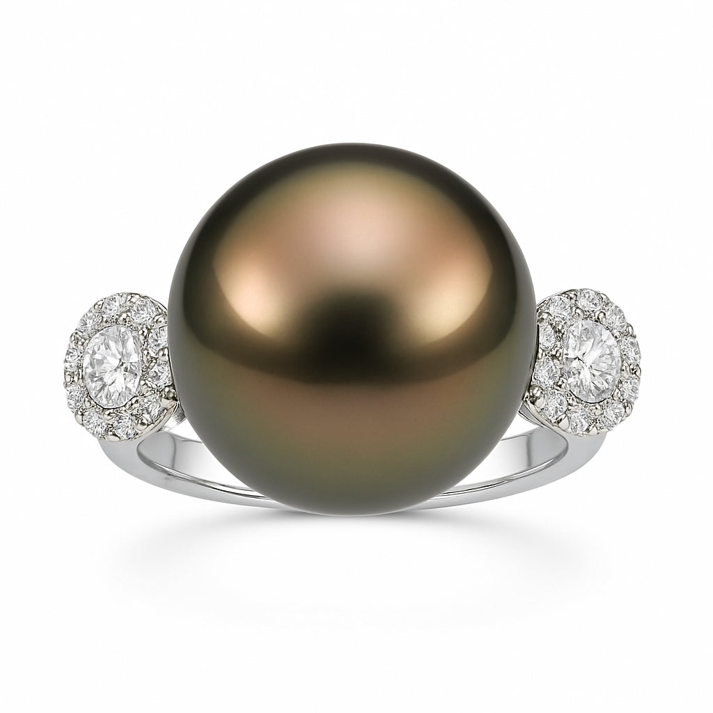 18K White Gold Tahitian Pearl Ring, 14-15mm, 0.12ct