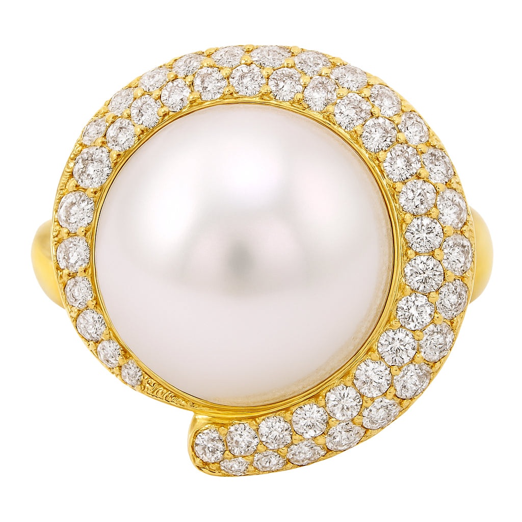18K Yellow Gold South Sea Pearl Ring, 13-14mm, 0.84ct