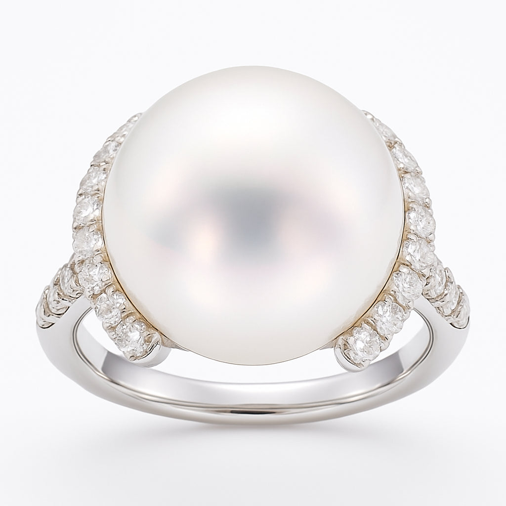 18K White Gold South Sea Pearl Ring, 13-14mm, 0.53ct