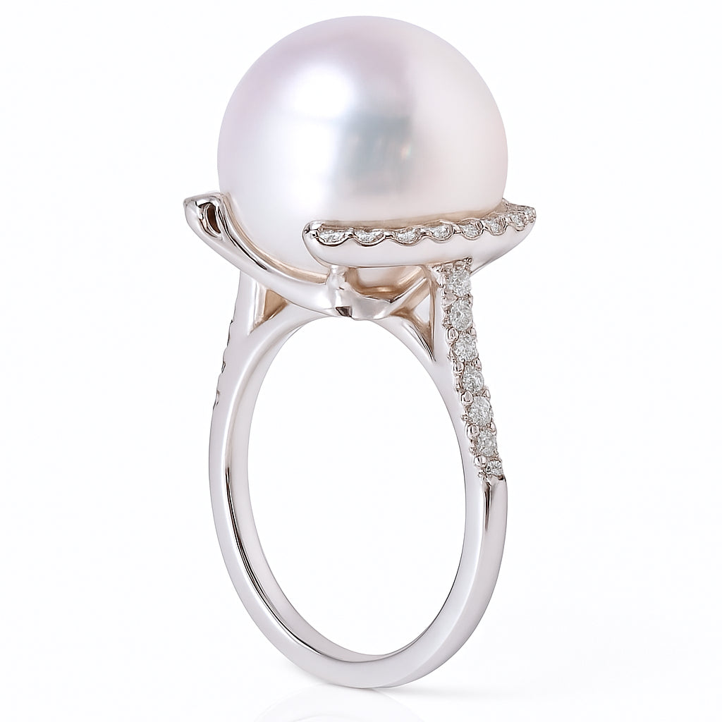 18K White Gold South Sea Pearl Ring, 13-14mm, 0.53ct