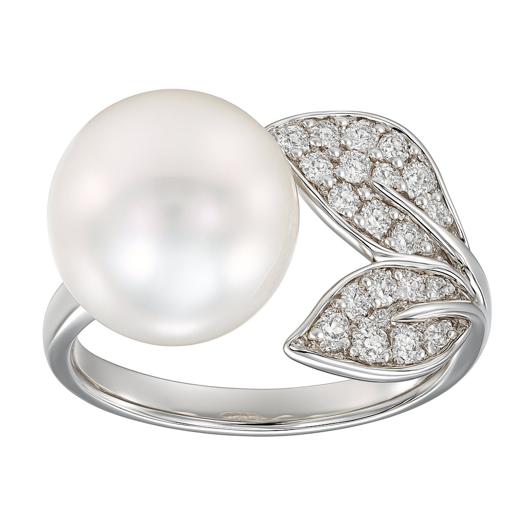 18K White Gold Freshwater Pearl Ring, 11-12mm, 0.27ct