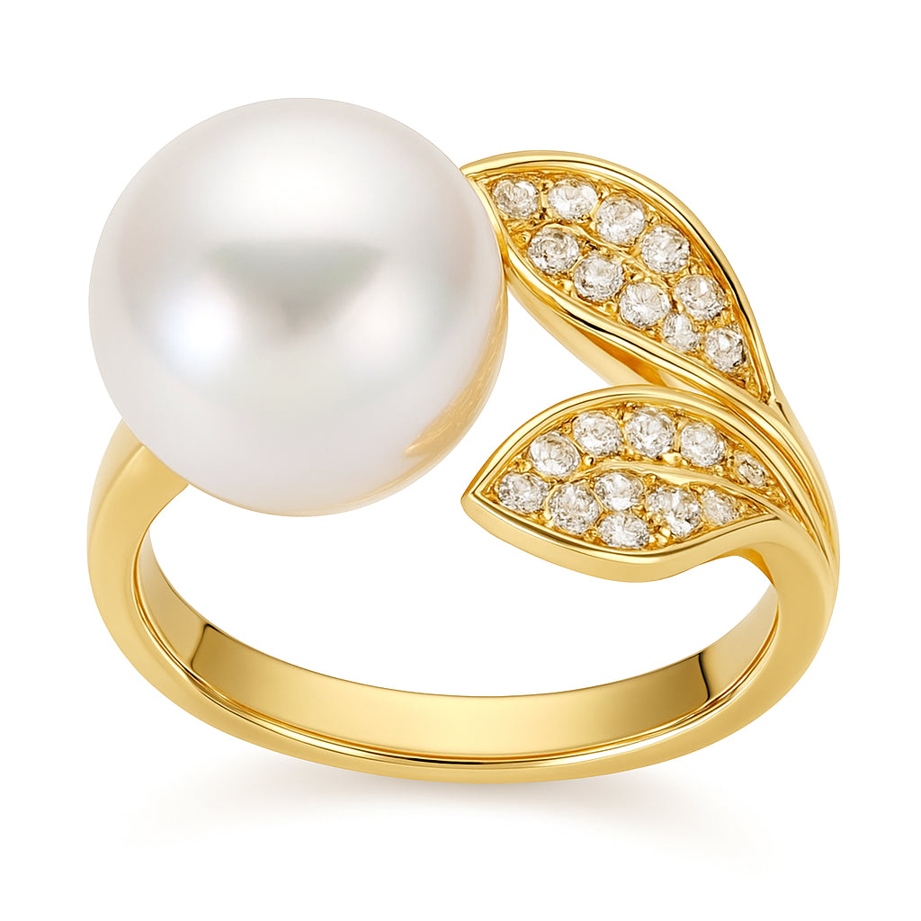 18K Yellow Gold South Sea Pearl Ring, 11-12mm, 0.27ct
