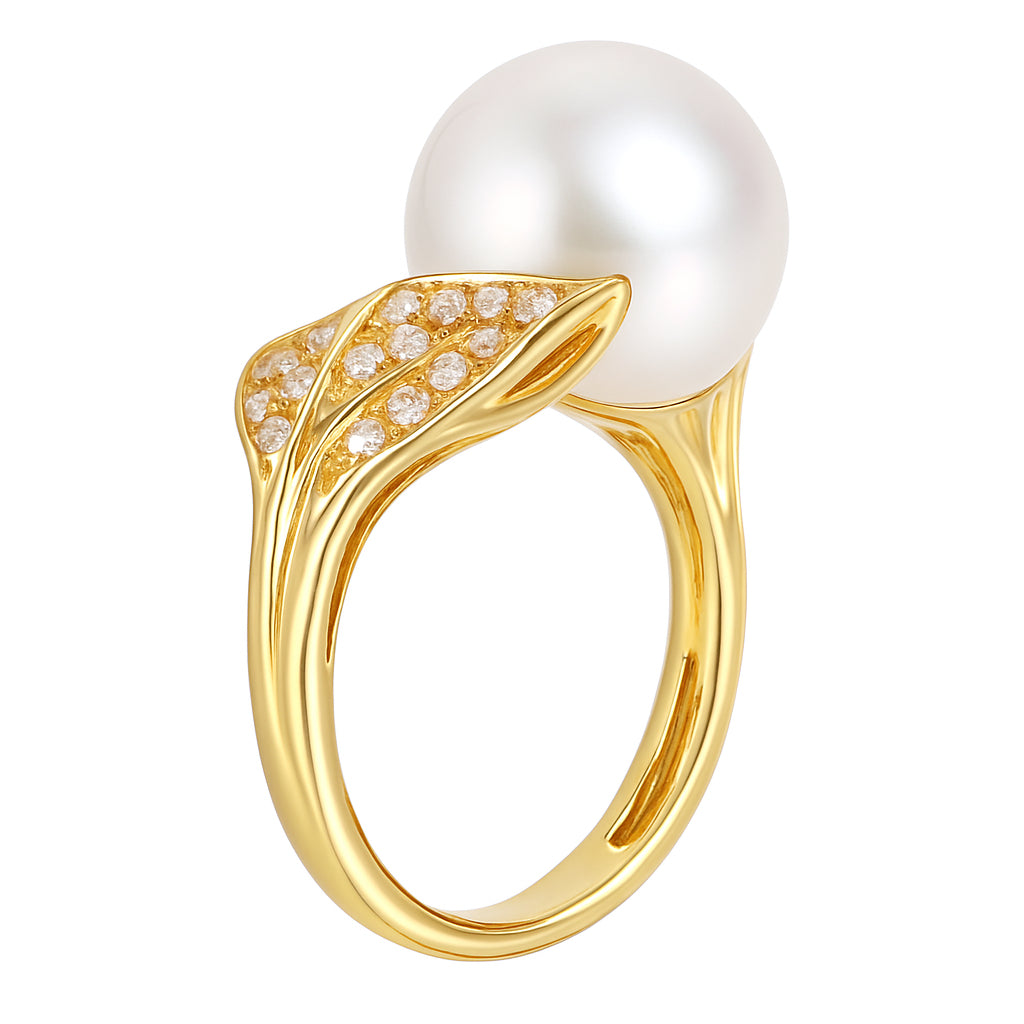 18K Yellow Gold South Sea Pearl Ring, 11-12mm, 0.27ct