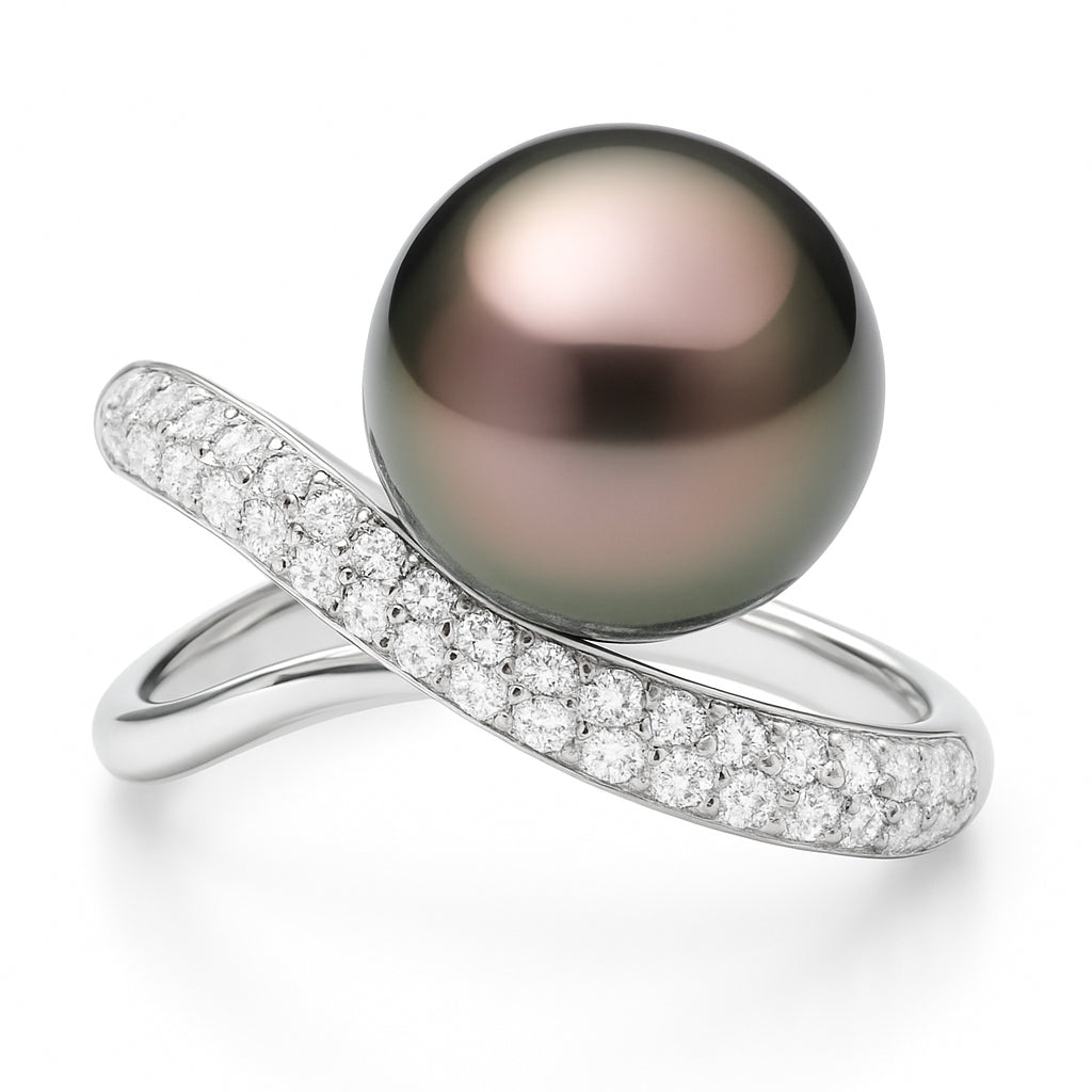 18K White Gold Tahitian Pearl Ring, 11-12mm, 0.76ct