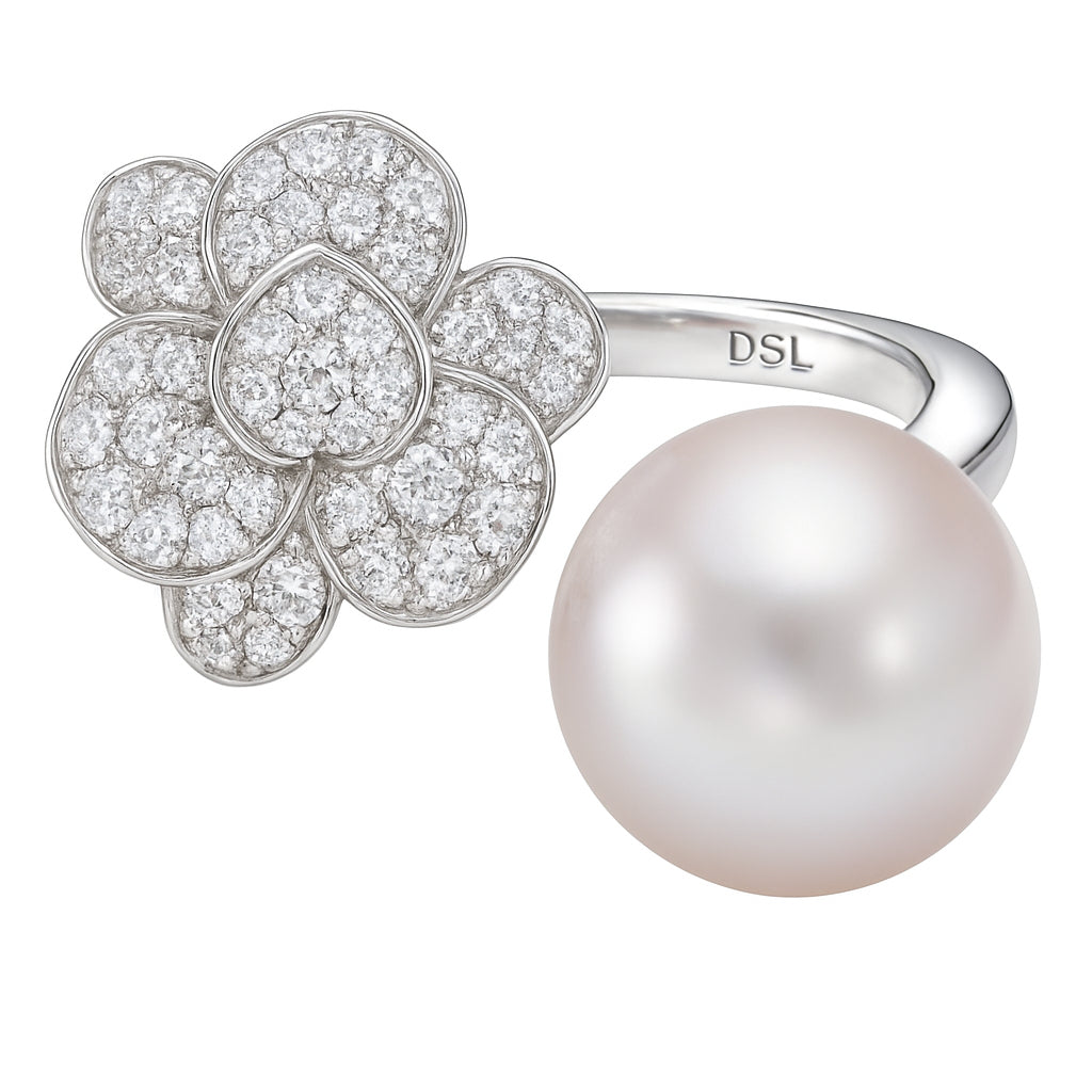 18K White Gold Round Diamond Freshwater Pearl Ring, 11-12mm, 0.42ct