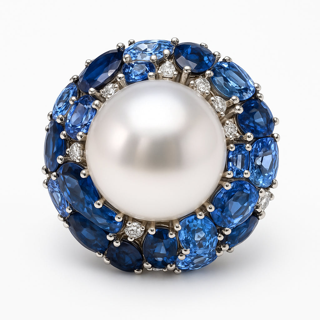 18K White Gold South Sea Pearl Ring with Blue Sapphire, 15-16mm, 14.8ct