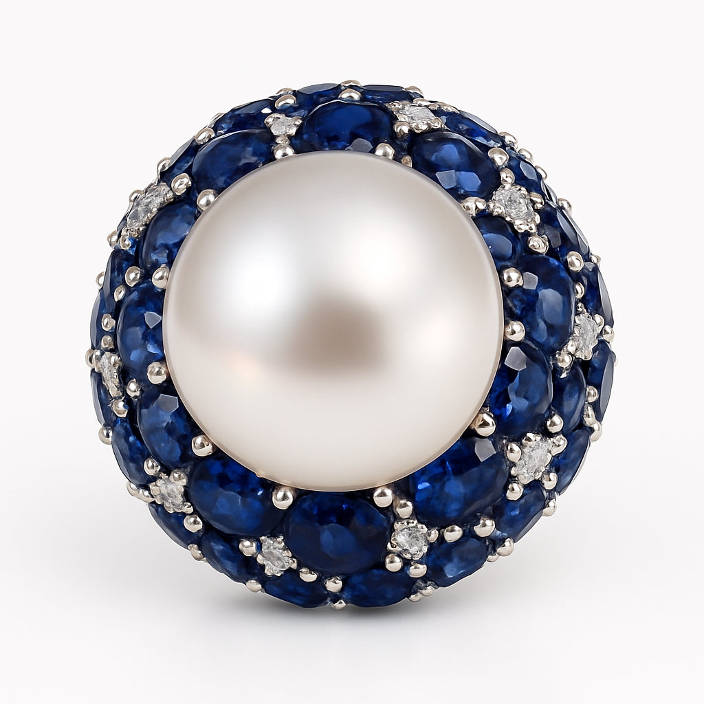 18K White Gold South Sea Pearl Sapphire Ring, 14-15mm, 10ct