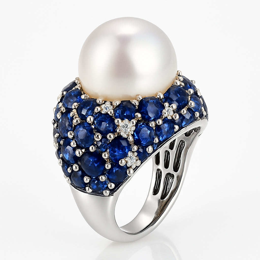18K White Gold South Sea Pearl Sapphire Ring, 14-15mm, 10ct