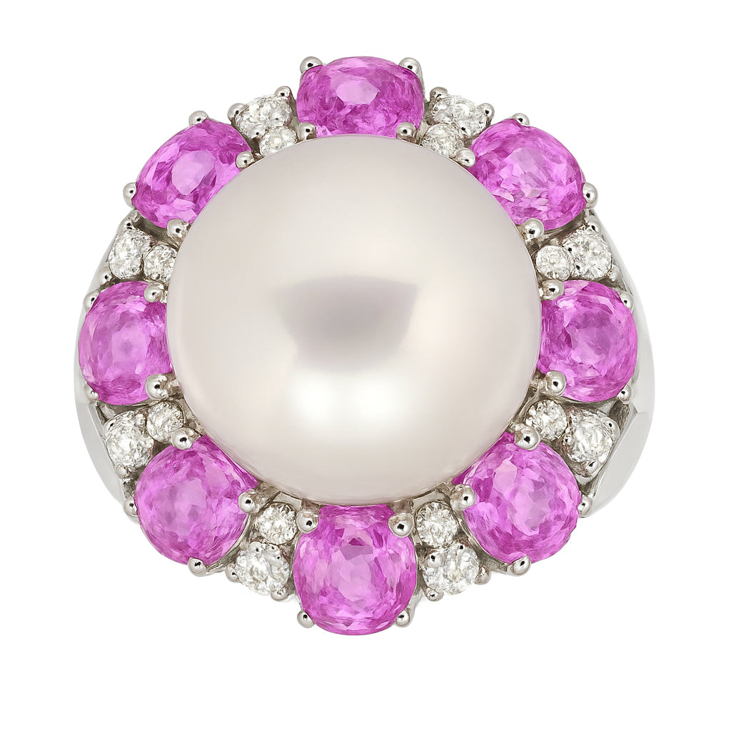 18K White Gold Freshwater Pearl and Sapphire Ring, 13-14mm, 4.67ct