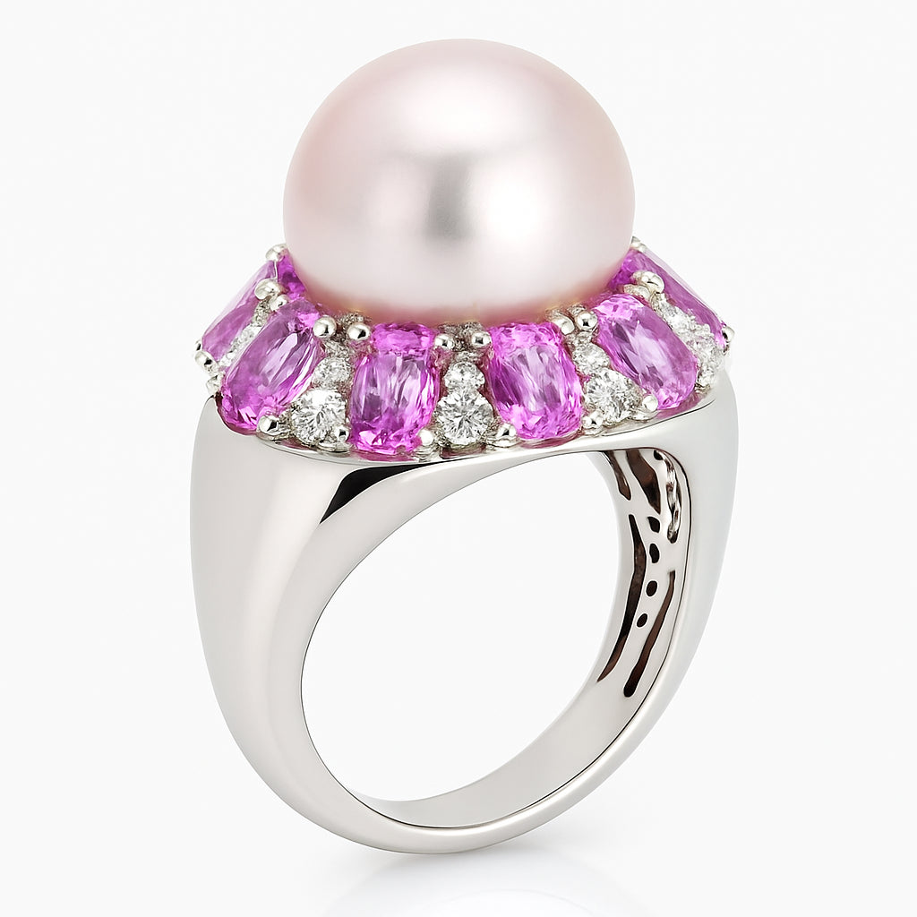 18K White Gold Freshwater Pearl and Sapphire Ring, 13-14mm, 4.67ct