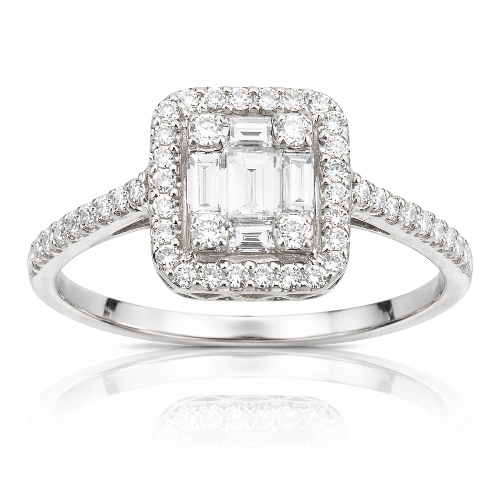 18K White Gold Diamond Baguette Illusion Fashion Ring, 0.5ct