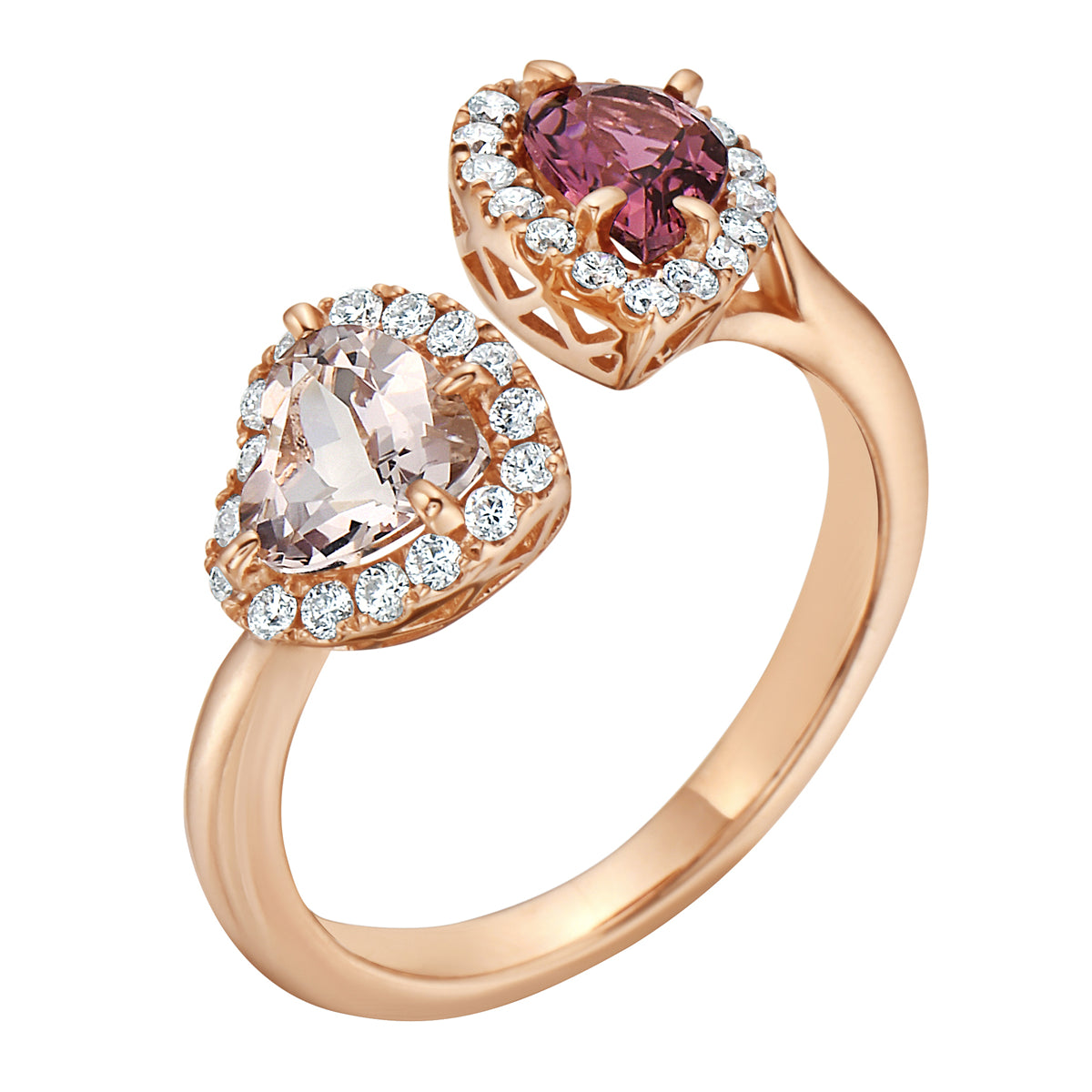 Ring 14KR/3.4G 1PT-0.67CT 1MG-0.73CT 32RD-0.25CT Pink Tourmaline and Morganite