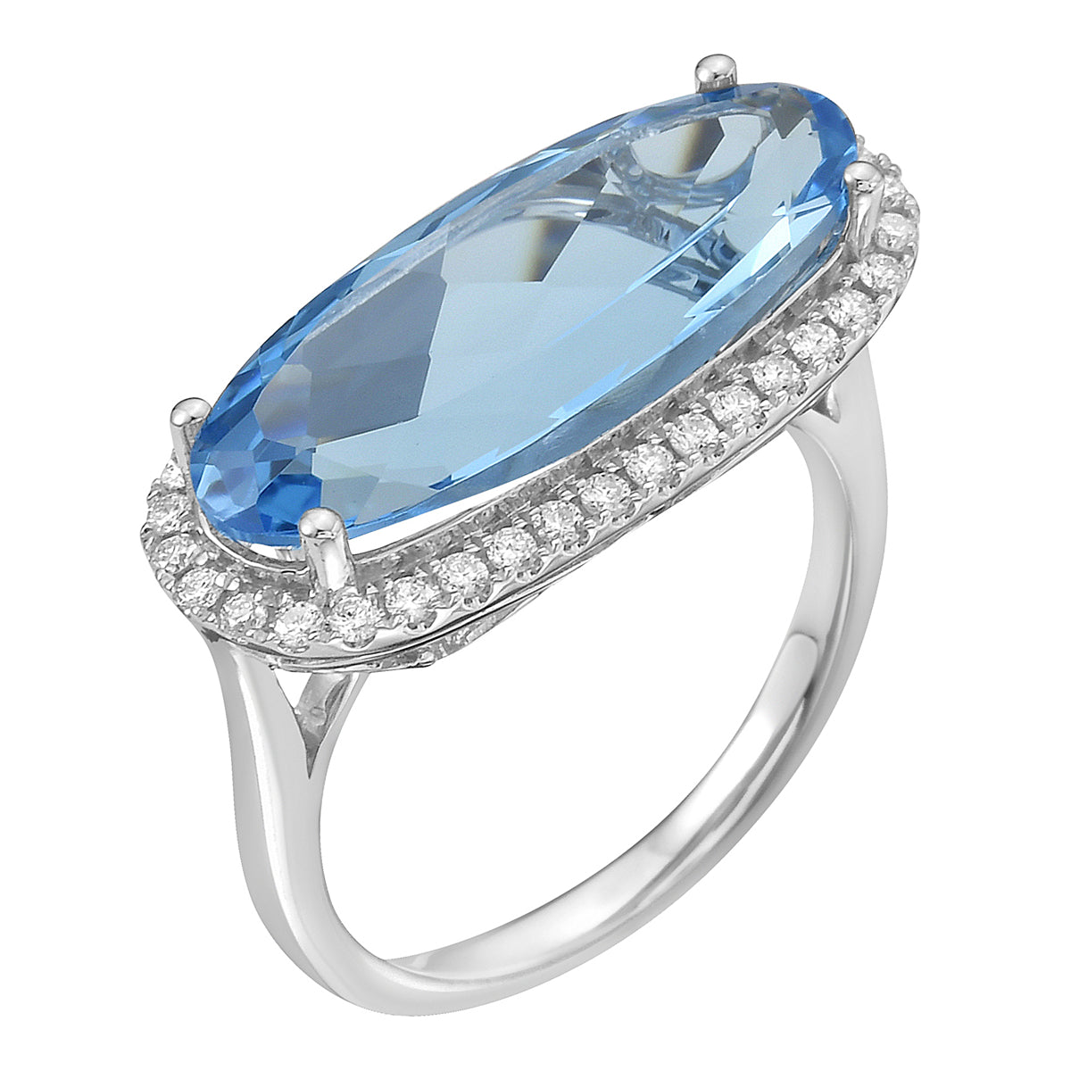 R090012-SWBT - Ring 14KW/3.2G 1SWBT-5.45CT 36RD-0.30CT SwissBlueTopaz