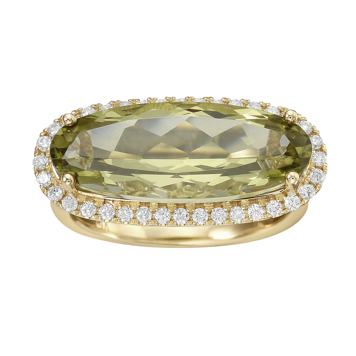 R090012Y-GGQ - Ring 14KW/3.1G 1GGQ-6.89CT 36RD-0.30CT Green Gold Quartz