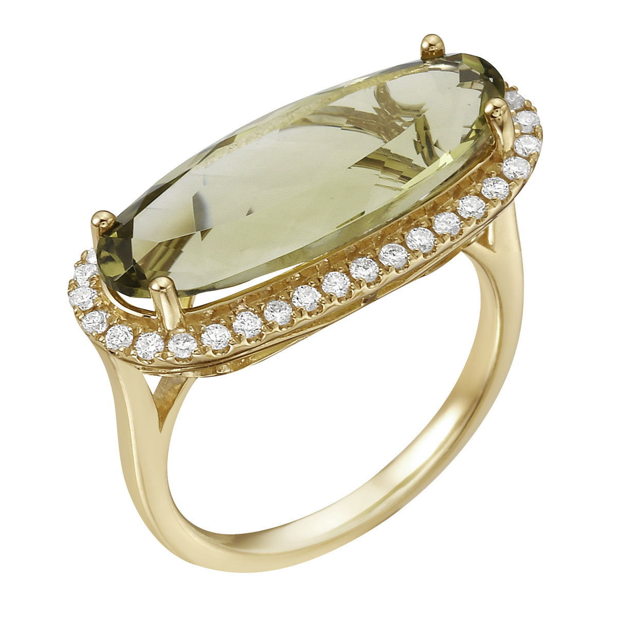 R090012Y-GGQ - Ring 14KW/3.1G 1GGQ-6.89CT 36RD-0.30CT Green Gold Quartz