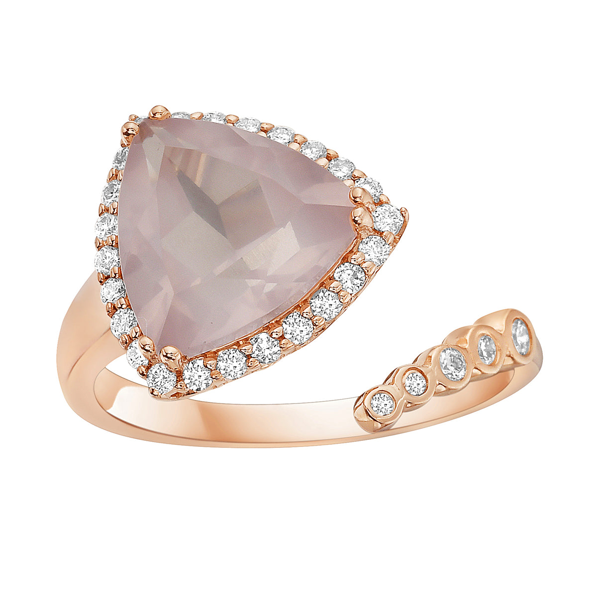 R090015R-RQ - Ring 14KR/3.1G 1RQ-3.19CT 29RD-0.23CT Rose Quartz