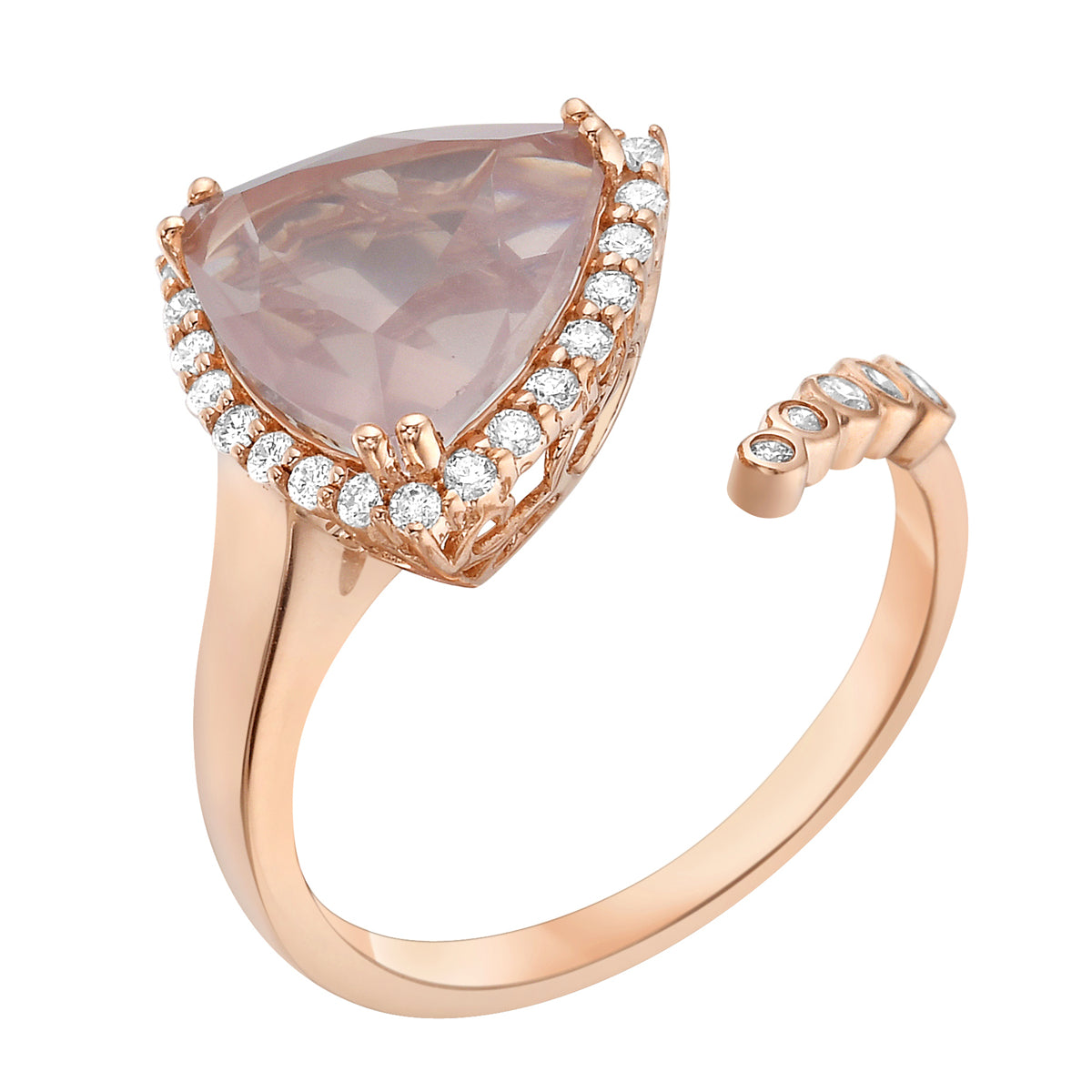 R090015R-RQ - Ring 14KR/3.1G 1RQ-3.19CT 29RD-0.23CT Rose Quartz