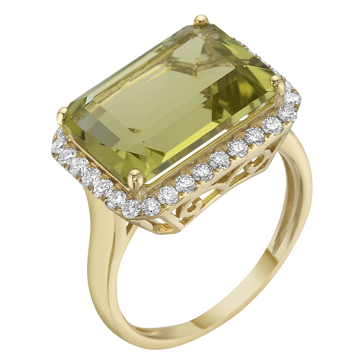 R090016Y-GGQ - Ring 14KY/3.5G 1GGQ-6.88CT 32RD-0.46CT Gold Green Quartz