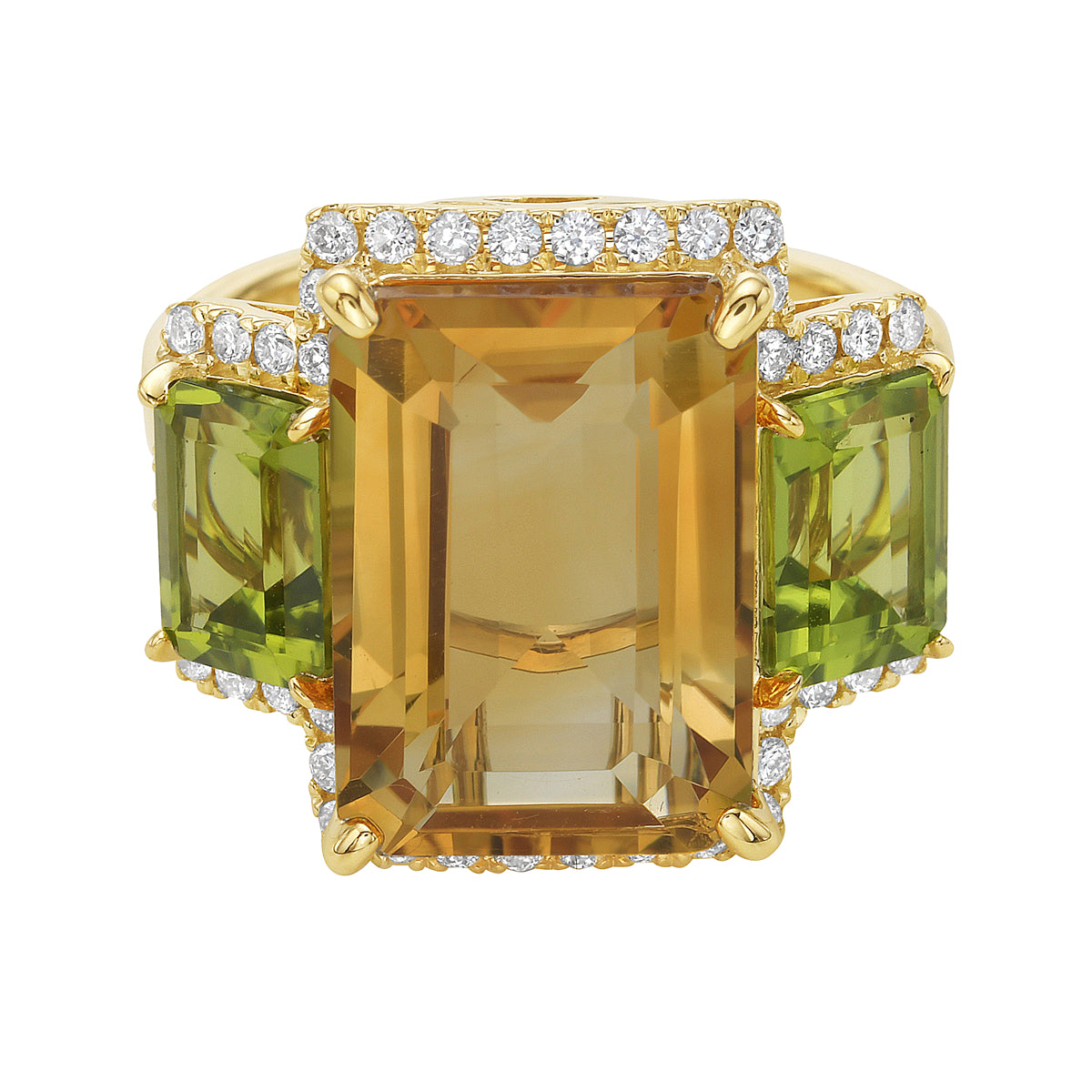 R090020Y-C/P - Ring 14KY/5.3G 2PER-2.42CT 1CIT-6.98CT 46RD-0.39CT Citrine/ Perdiot