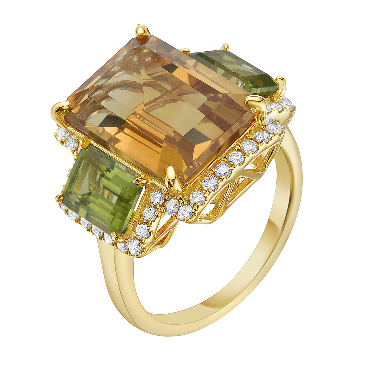 R090020Y-C/P - Ring 14KY/5.3G 2PER-2.42CT 1CIT-6.98CT 46RD-0.39CT Citrine/ Perdiot
