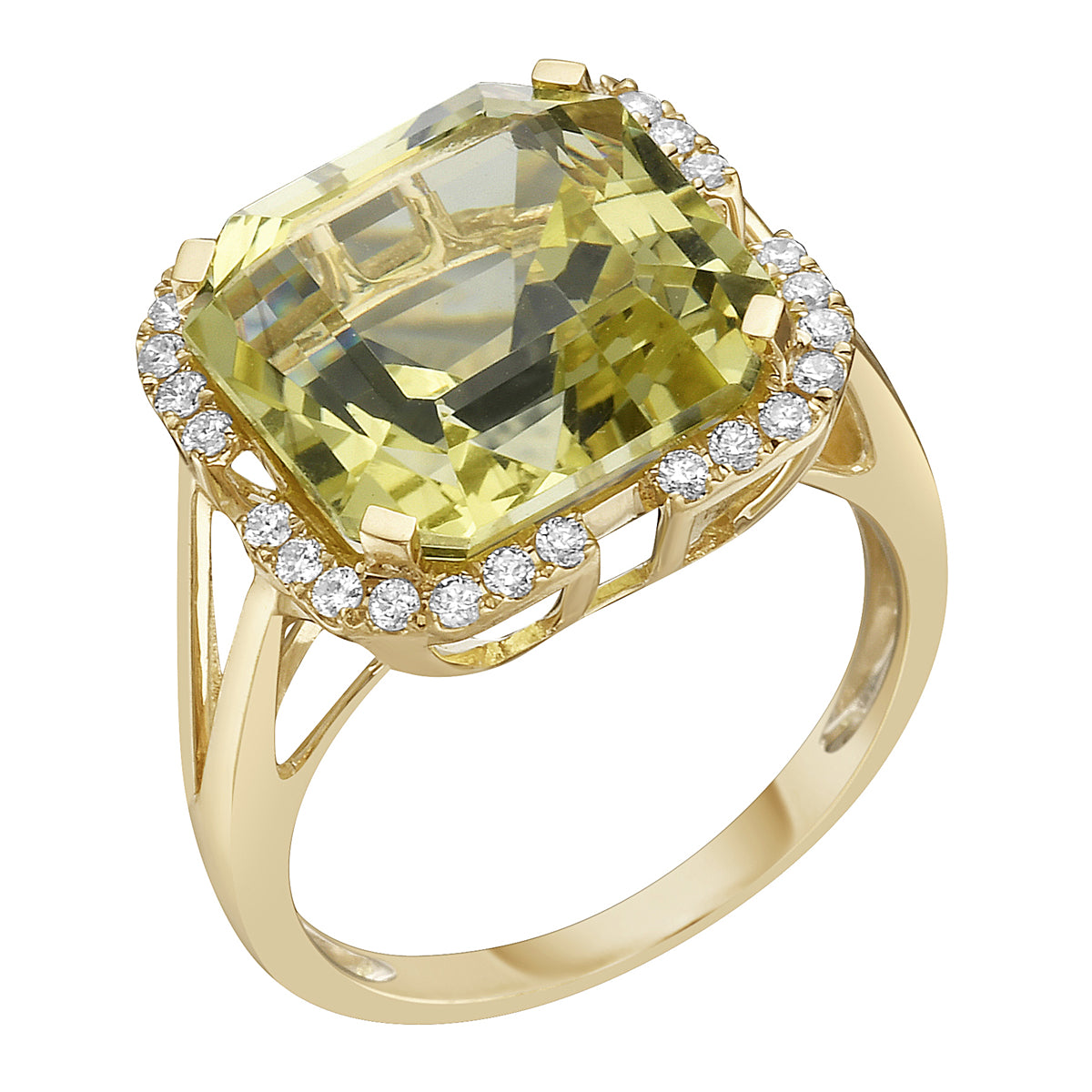 R090027Y-GGQ - Ring 14KY/3.3G 1GGQ-7.82CT 28RD-0.22CT Gold Green Quartz
