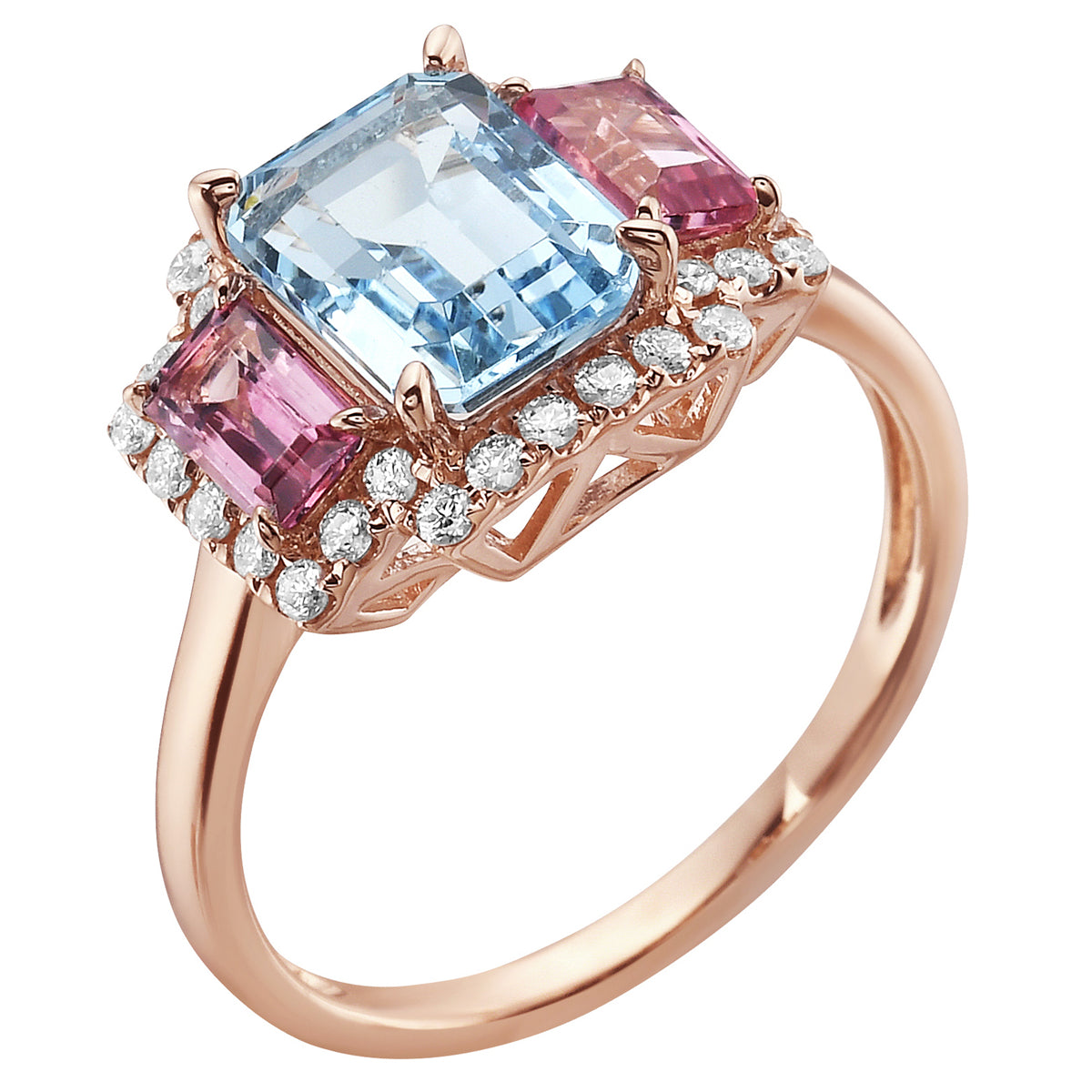 R090056R-BT/PT - Ring 14KR/2.5G 2PT-0.60CT 1SBT-2.23CT 30RD-0.24CT Blue Topaz and Pink Tourmline