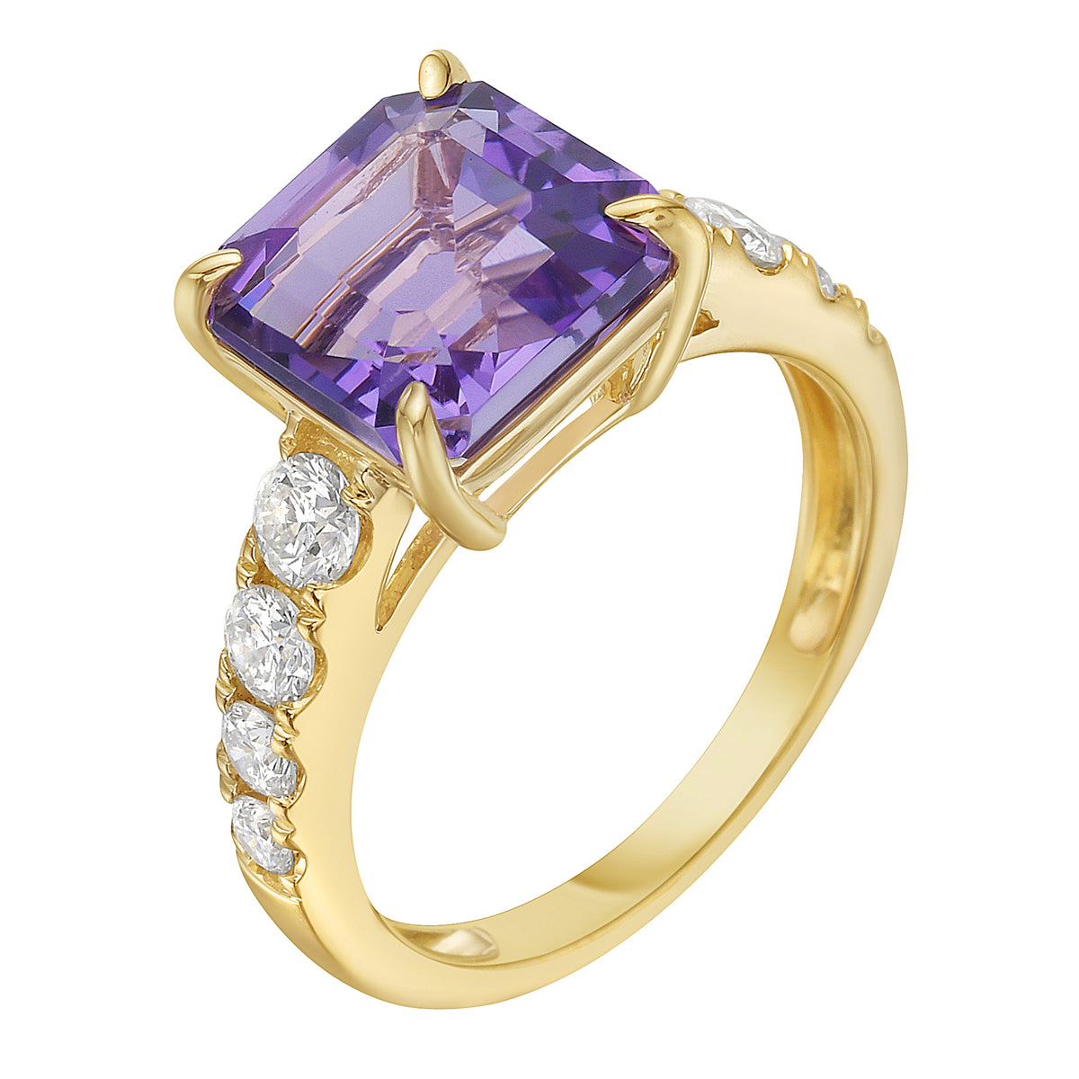 R090066Y-AME - Ring 14KY/3.1G 1AME-3.51CT 4RD-0.47CT 4RD-0.22CT AMETHYST