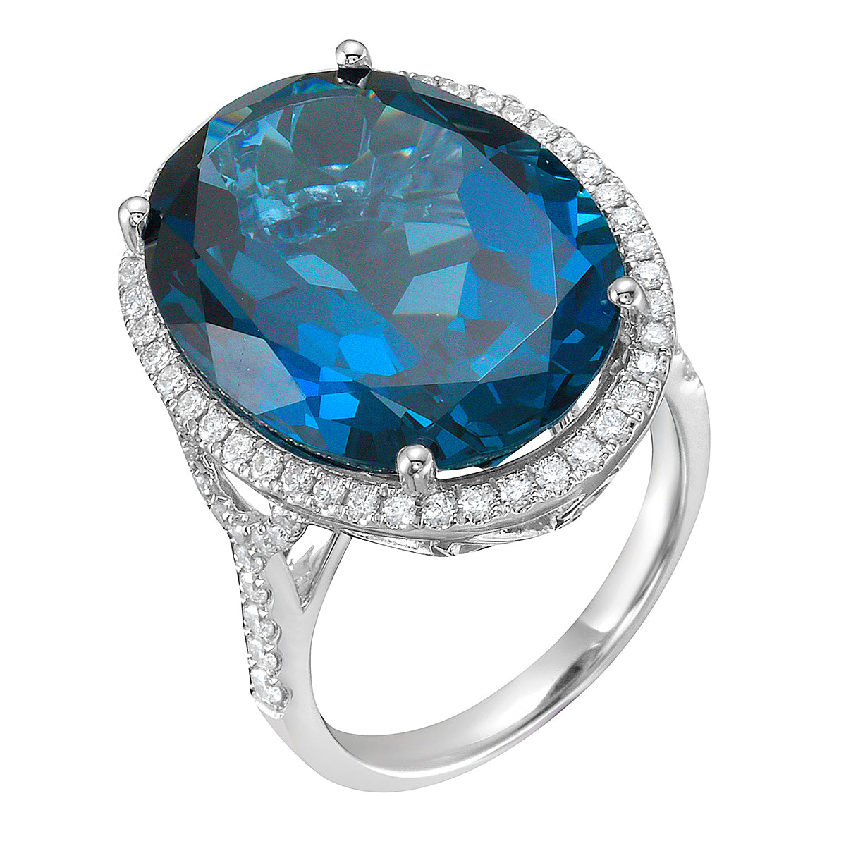 R090073-LBT - Ring 14KW/5.5G 1LBT-22.55CT 70RD-0.59CT London Blue Topaz