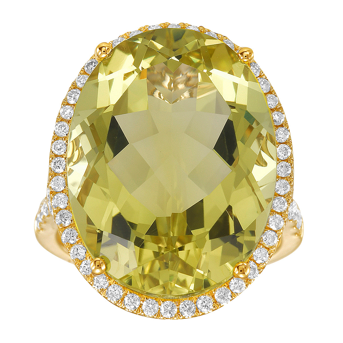 R090073Y-GGQ - Ring 14KY/5.4G 1GGQ-17.67CT 70RD-0.61CT Gold Green Quartz