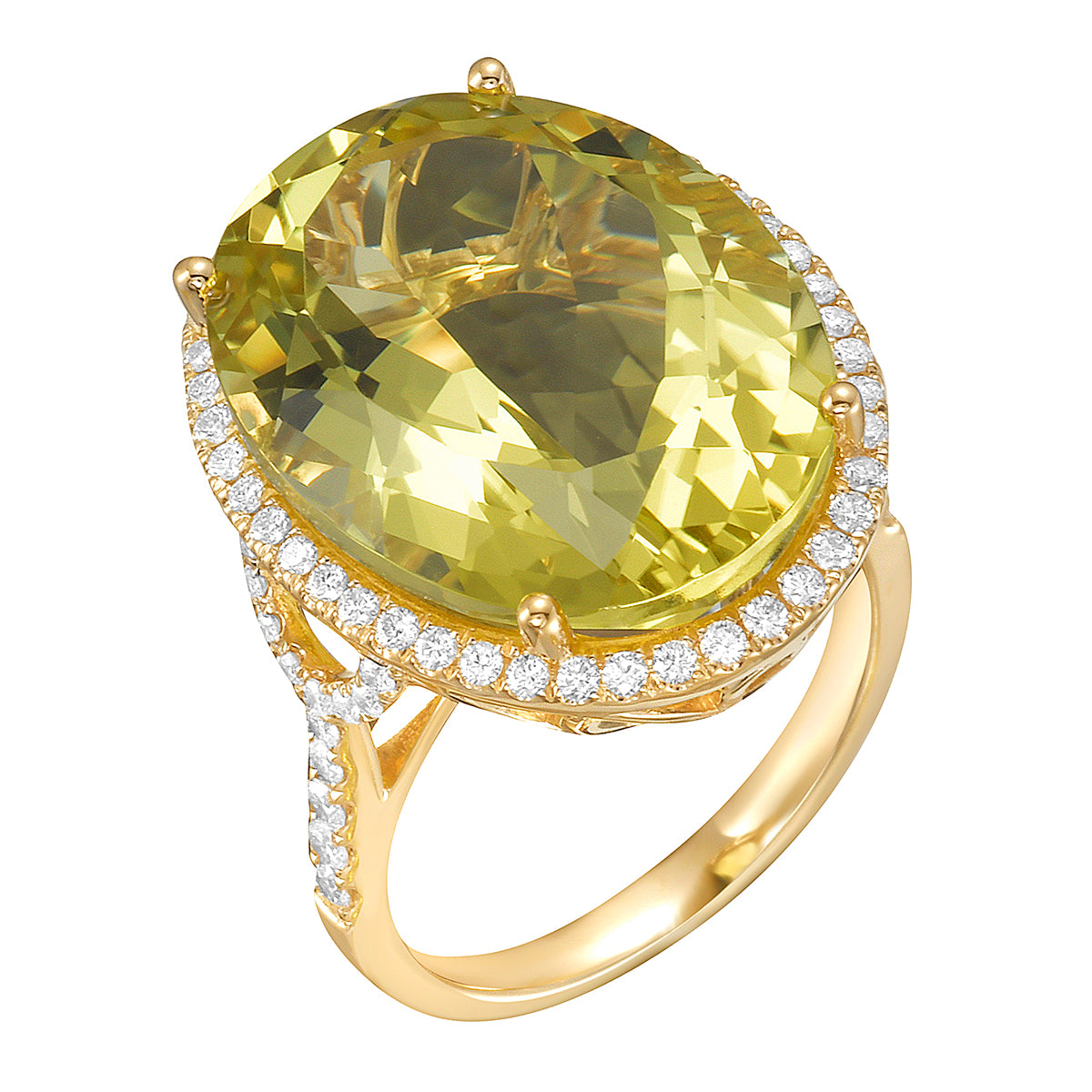 R090073Y-GGQ - Ring 14KY/5.4G 1GGQ-17.67CT 70RD-0.61CT Gold Green Quartz