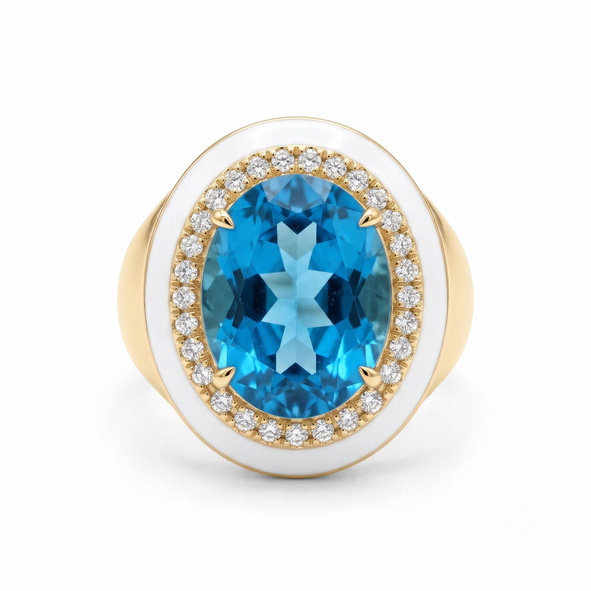 R090085Y-SWBT - Ring 14KY/7.1G 1SWBT-9.21CT 30RD-0.30CT Swiss Blue Topaz
