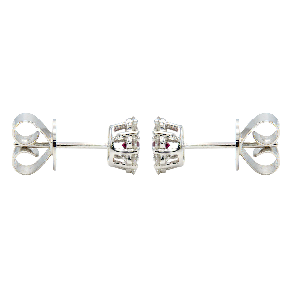14K White Gold Small Ruby with Diamond Halo Earring, 0.24ct