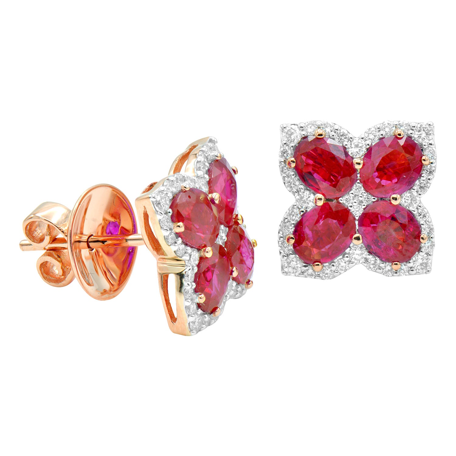 14K Rose Gold and Ruby Flower and Diamond Earring, 3.5ct