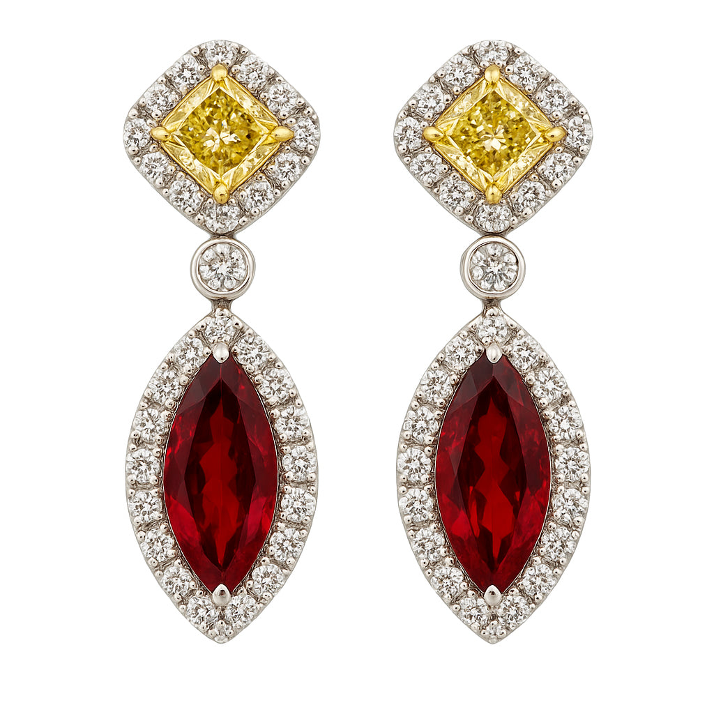 RE054823 - Earrings 18KW/6.2G 2RUBY-1.58CT 2YD-0.91CT 62RD-0.71CT