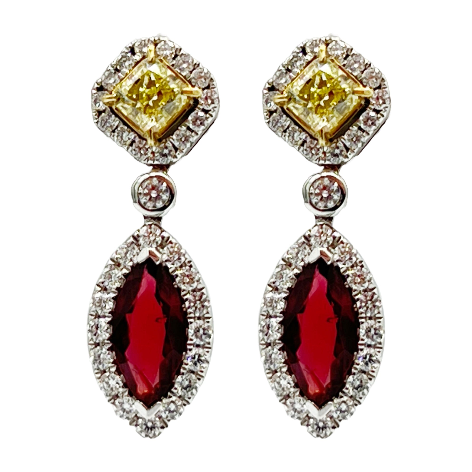 RE054823 - Earrings 18KW/6.2G 2RUBY-1.58CT 2YD-0.91CT 62RD-0.71CT