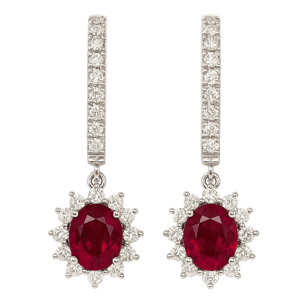 Handmade 18K White Gold Ruby Halo Earrings, 2.19ct