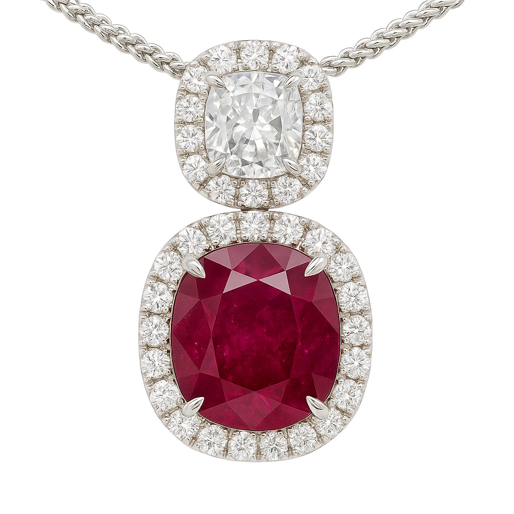 RP054615 - Pendant/18KW/1.9G 1RUBY-2.94CT 1CUSH-0.36CT 32RD-0.32CT W/CHAIN