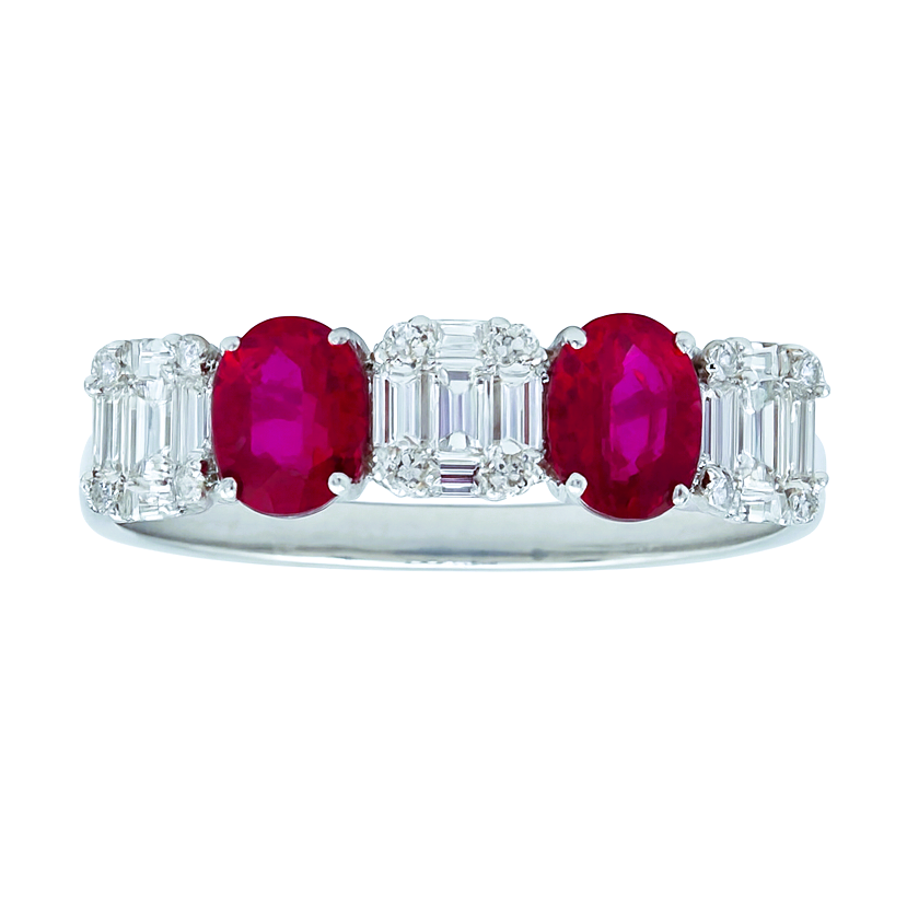RR053874 - Ring 18KW 2RUBY-0.80CT 12RD-0.07CT 15BD-0.37CT