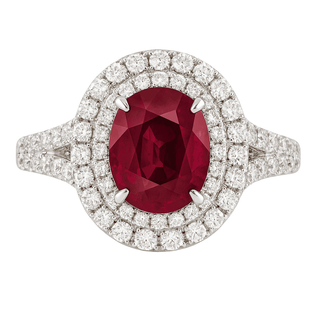 Handmade 18K White Gold Ruby Ring, Double Halo, 2.42ct
