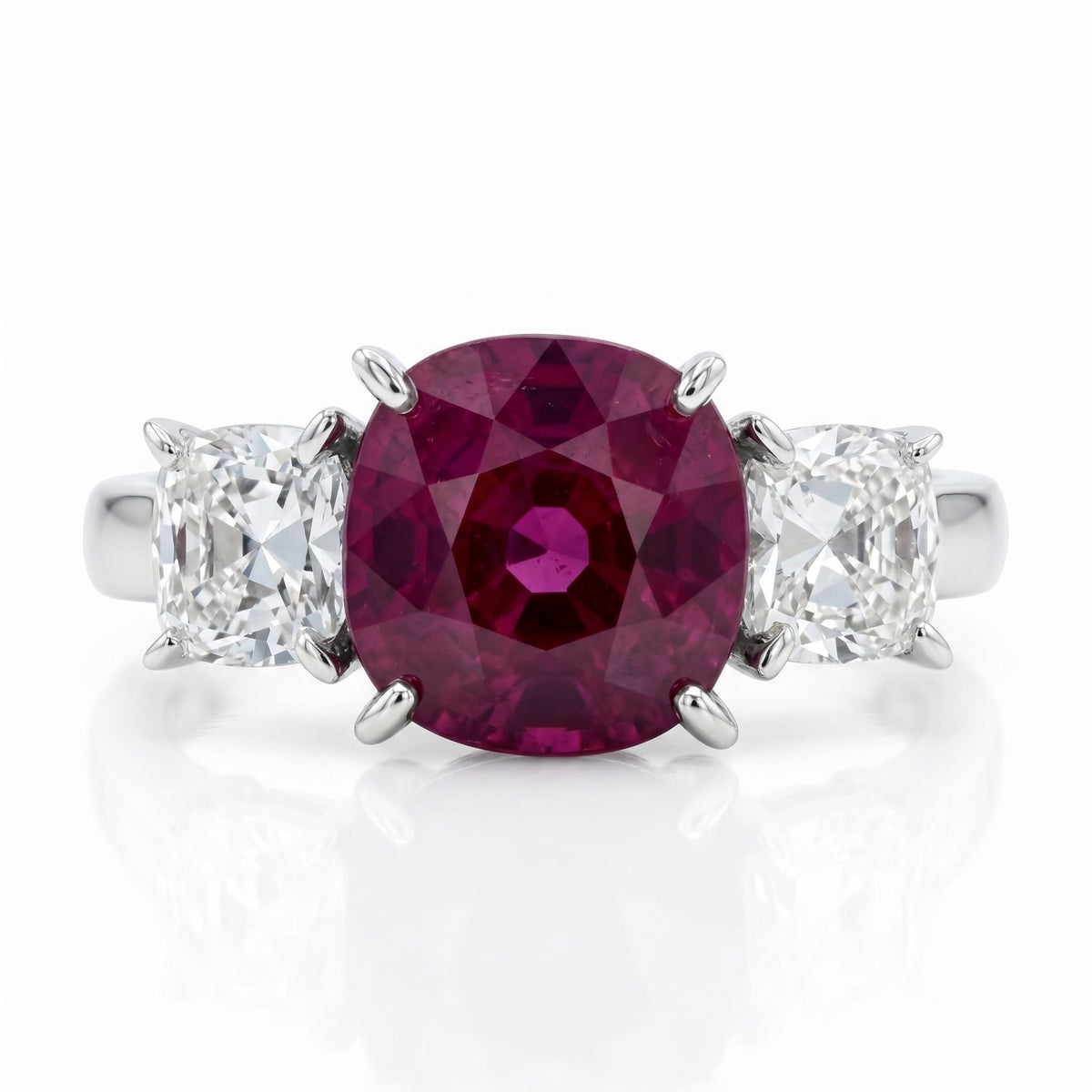 Handmade 18K White Gold Ruby Ring, 3 Stone, 1.31ct