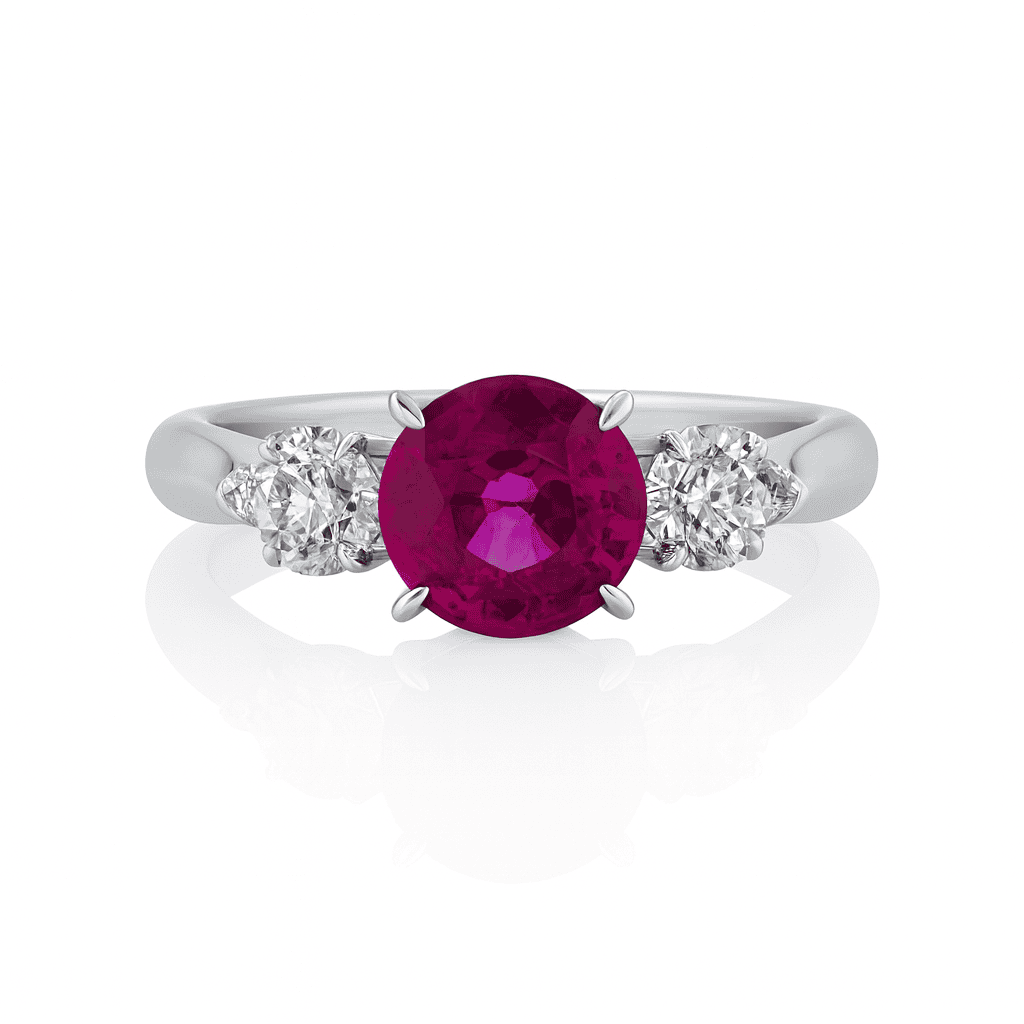 Handmade 18K White Gold Ruby Ring, 3 Stone, 8-9mm, 1.11ct