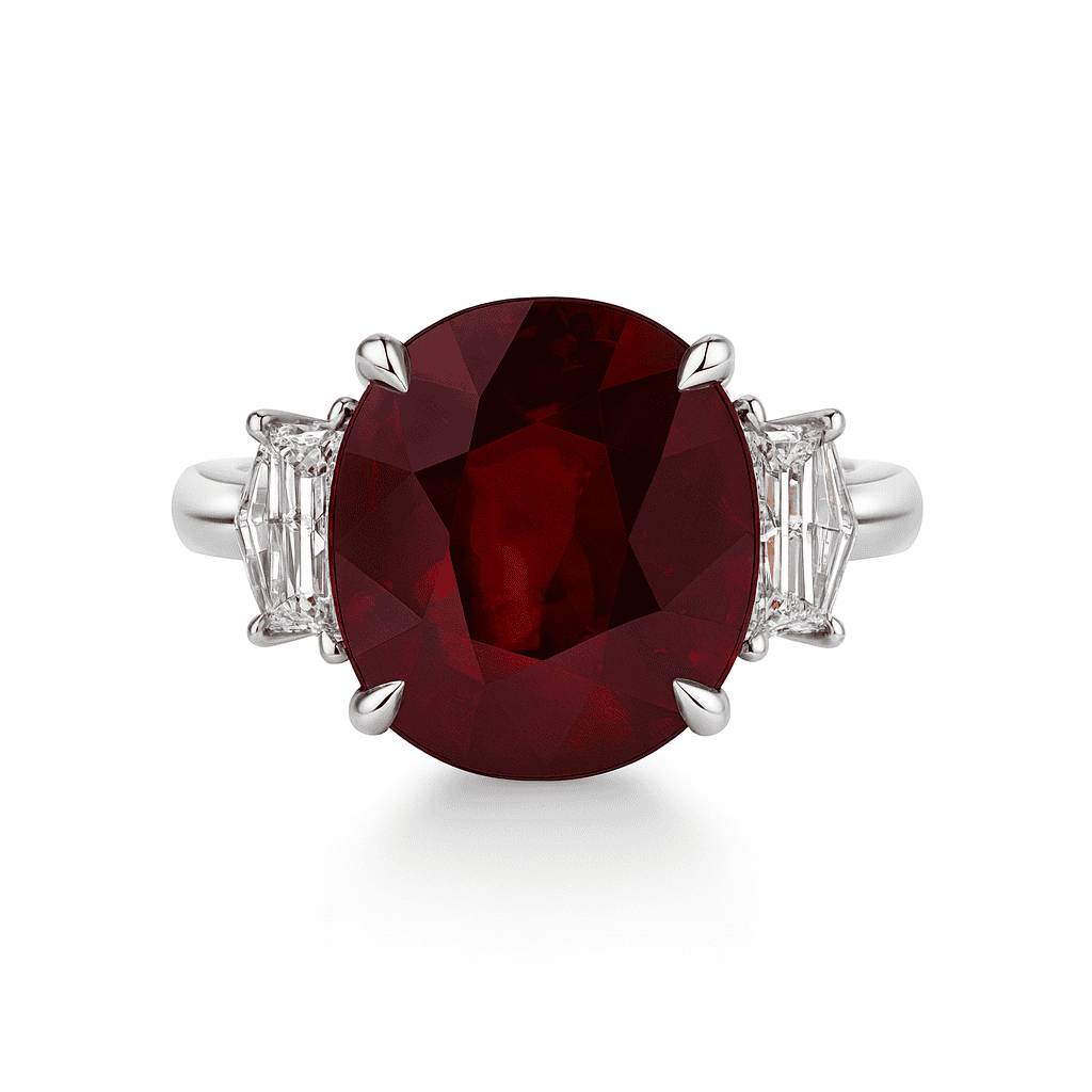 Handmade 18K White Gold Ruby Ring, 3 Stone, 6.06ct