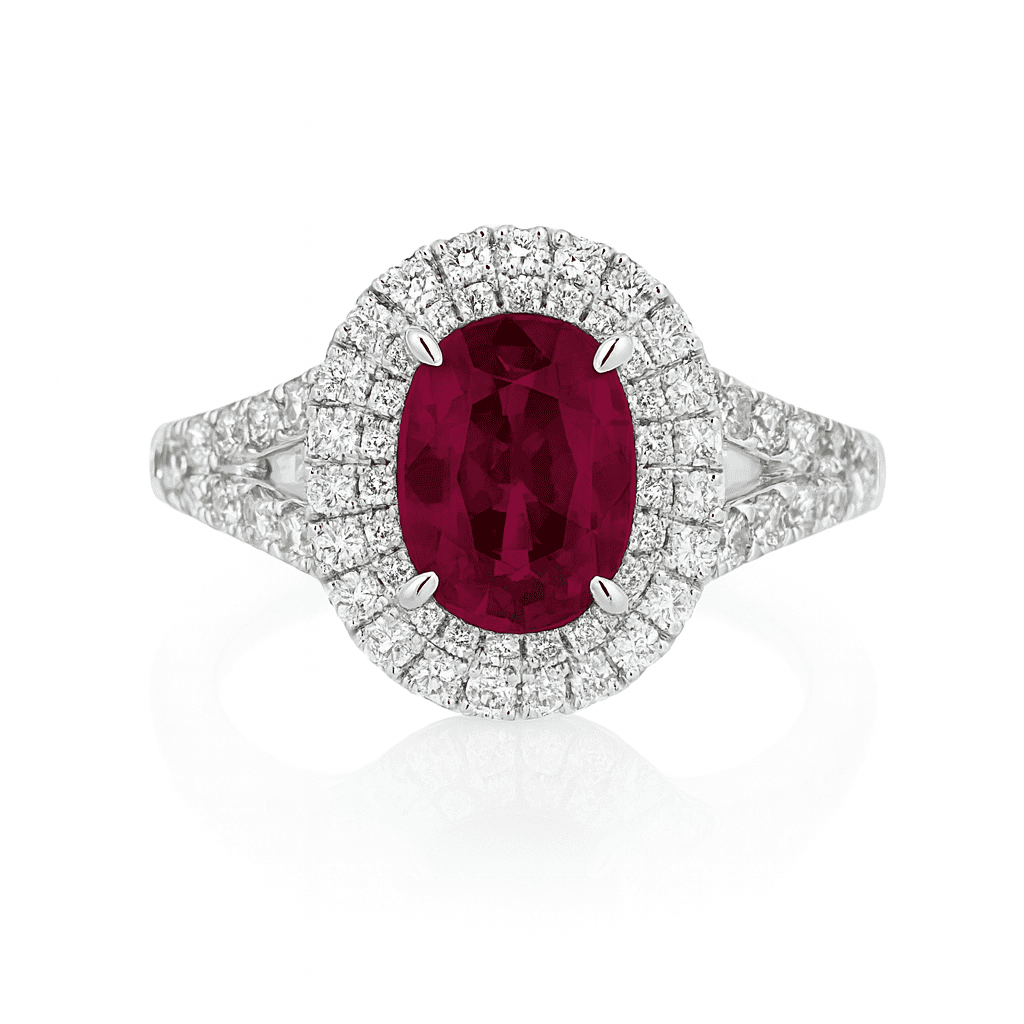 Handmade 18K White Gold Ruby Double Halo Ring, 1.14ct